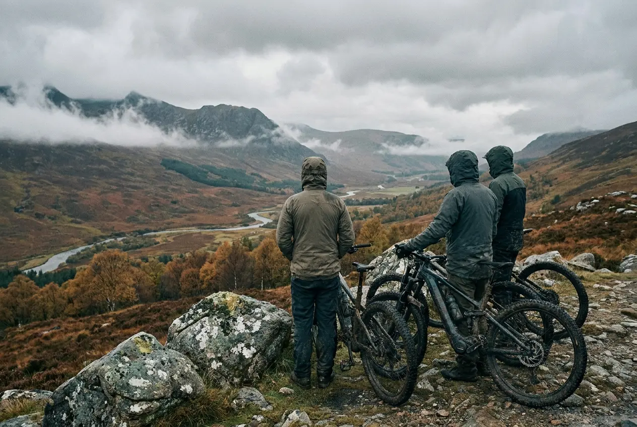 Tre syklister med elsykler ser utover en fjelldal